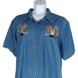Vintage Quizz NY Woman Chambray Teddy Bears Embroidered Shirt Size 24 Blue